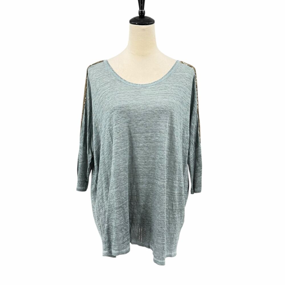 Not Shy Gray 100% Linen Gold Sequin Dolman Sleeve Drop Shoulder Oversized Top